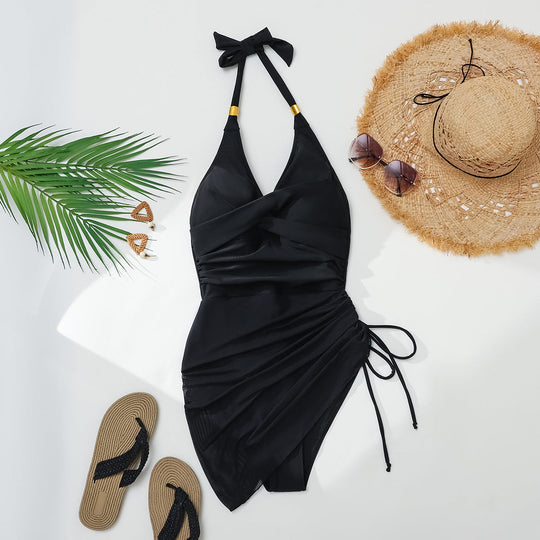 Damen Eleganter Badeanzug mit Wickeldesign und goldenen Akzenten