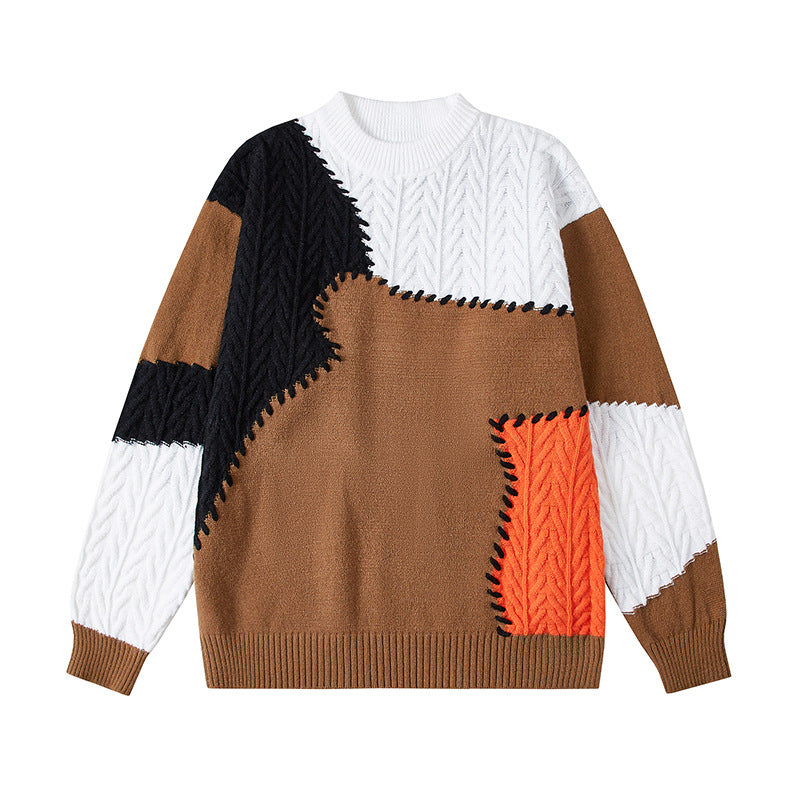 Herren strukturierter Patchwork-Strickpullover mit Zopfmuster und Rundhals Shop Nory