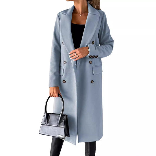 Damen Doppelreihiger Wollmantel im Longline‑Schnitt mit Reverskragen und Pattentaschen Shop Nory