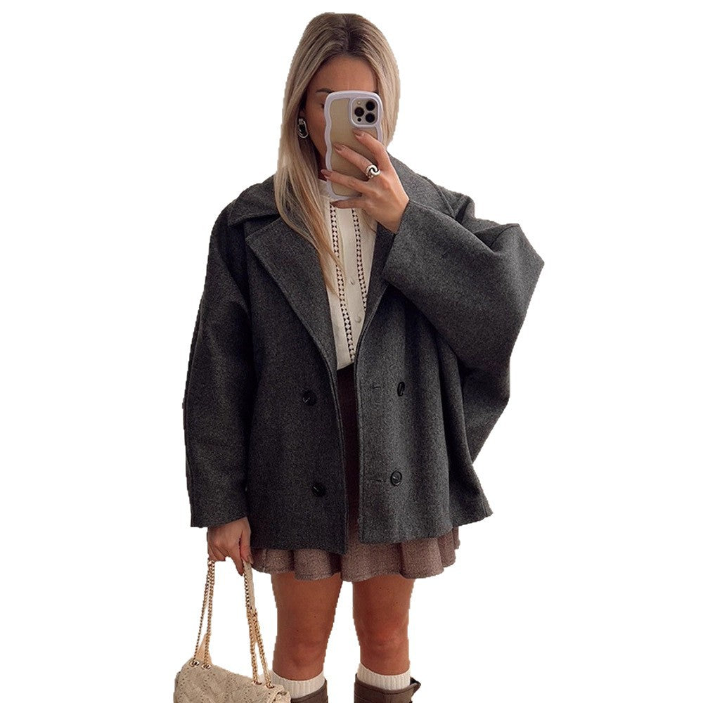 Damen Boxy-Wollmix-Cocoon-Jacke mit doppelreihiger Knopfleiste und weitem Revers Shop Nory
