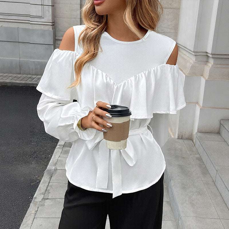 Damen Elegant-Volant-Bluse mit Cut-Out-Schulter und Bindegürtel Shop Nory