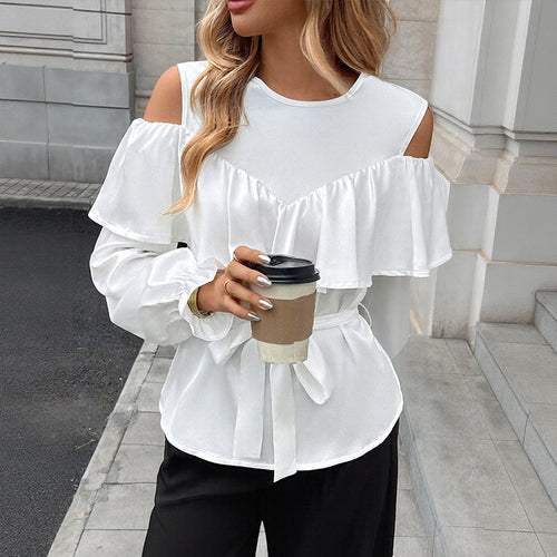 Damen Elegant-Volant-Bluse mit Cut-Out-Schulter und Bindegürtel Shop Nory