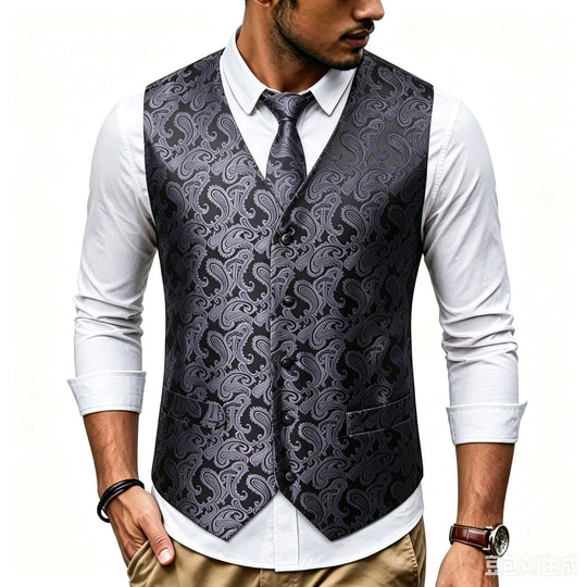 Herren Satin-Jacquard-Weste mit Paisley-Muster und passender Krawatte Shop Nory