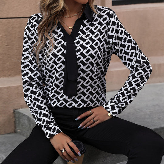 Damen Gemusterte Chiffon-Bluse mit Krawatten-Detail und geometrischem Print Shop Nory