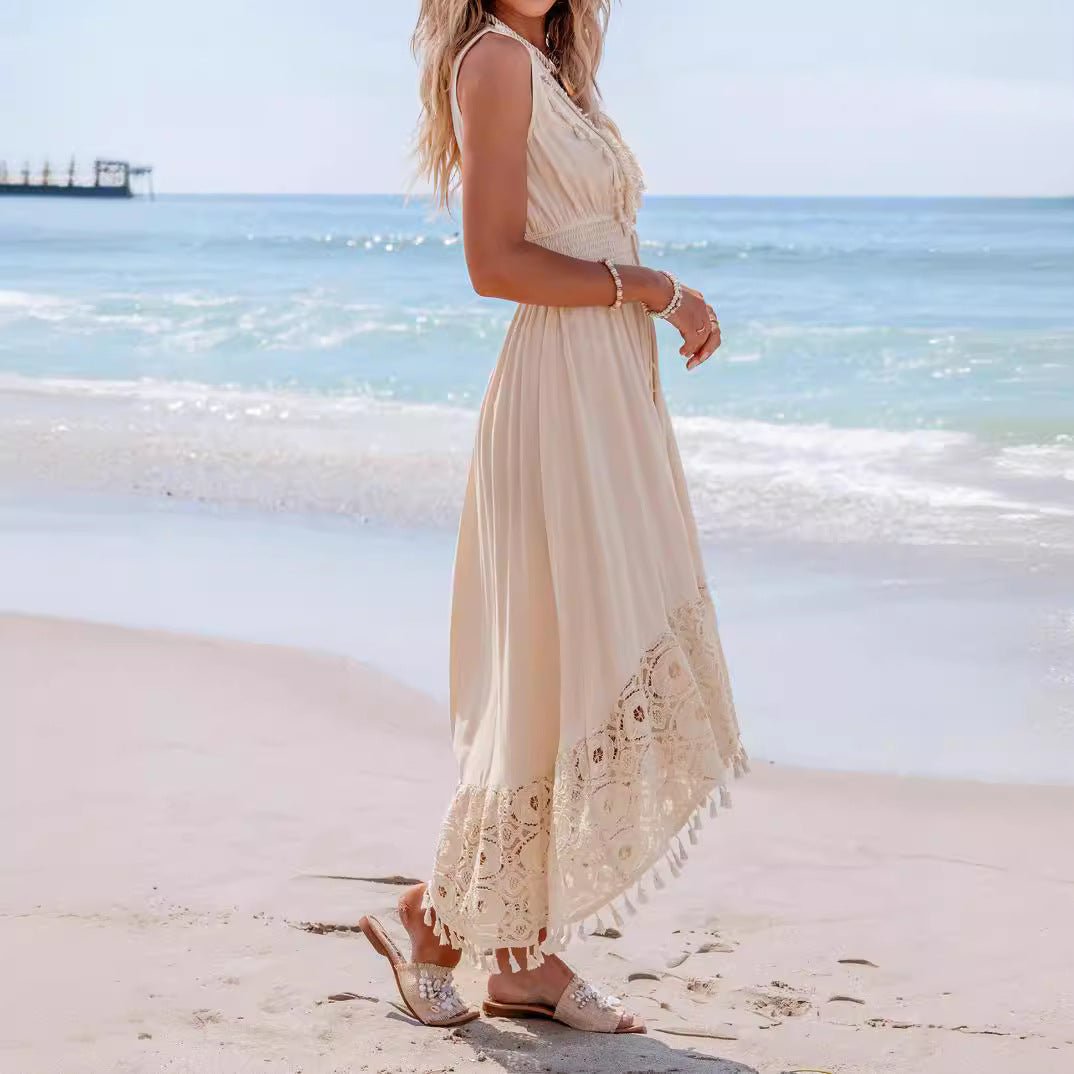 Damen Bohemian Maxikleid mit Spitzen- und Rüschendetails Shopnory