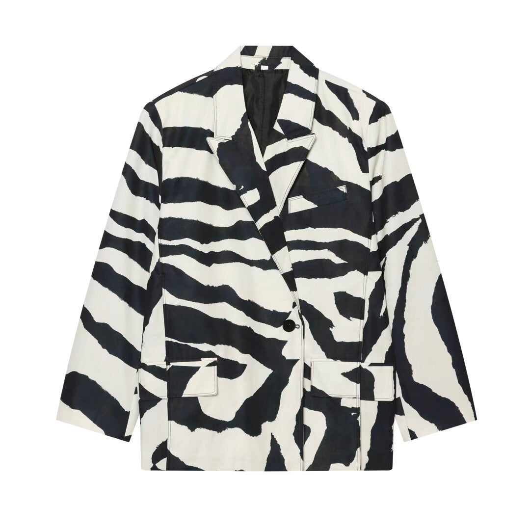 Damen Oversize-Blazer mit Zebra-Print, Ein-Knopf-Verschluss und aufgesetzten Pattentaschen Shop Nory