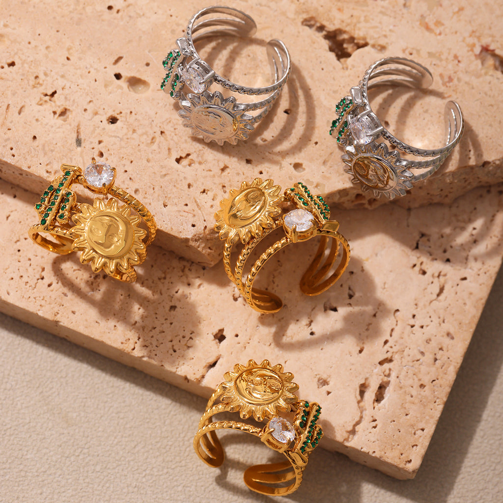 Damen Offener Ring mit kunstvollem Sonnen- und Zirkon-Design Shop Nory