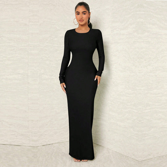 Damen figurnahes Maxikleid mit Rundhalsausschnitt, langem Arm und sculptender Taillenform Shop Nory