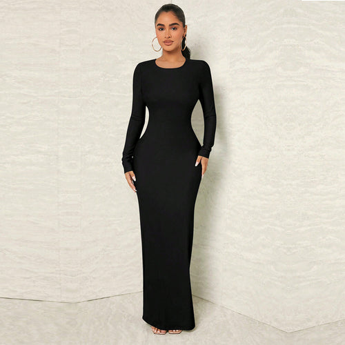 Damen figurnahes Maxikleid mit Rundhalsausschnitt, langem Arm und sculptender Taillenform Shop Nory