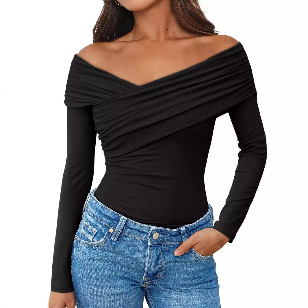 Damen Off-Shoulder Langarm-Top mit Wickeloptik und figurbetontem Stretch-Jersey Shop Nory