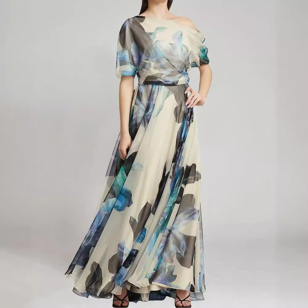 Damen elegantes Chiffon-Kleid mit schulterfreiem Design und floralem Muster