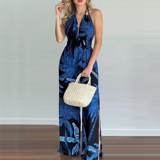 Damen eleganter Jumpsuit mit Spaghettiträgern und hohen Seitenschlitzen