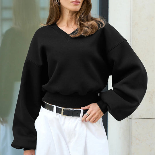 Damen Cropped V-Ausschnitt Pullover mit Ballonärmeln und Rippbund Shop Nory