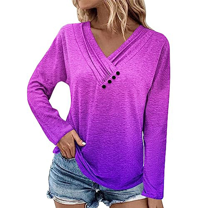 Damen Gerippter V-Ausschnitt Pullover mit Farbverlauf, Zierknöpfen und legerer Passform Shop Nory