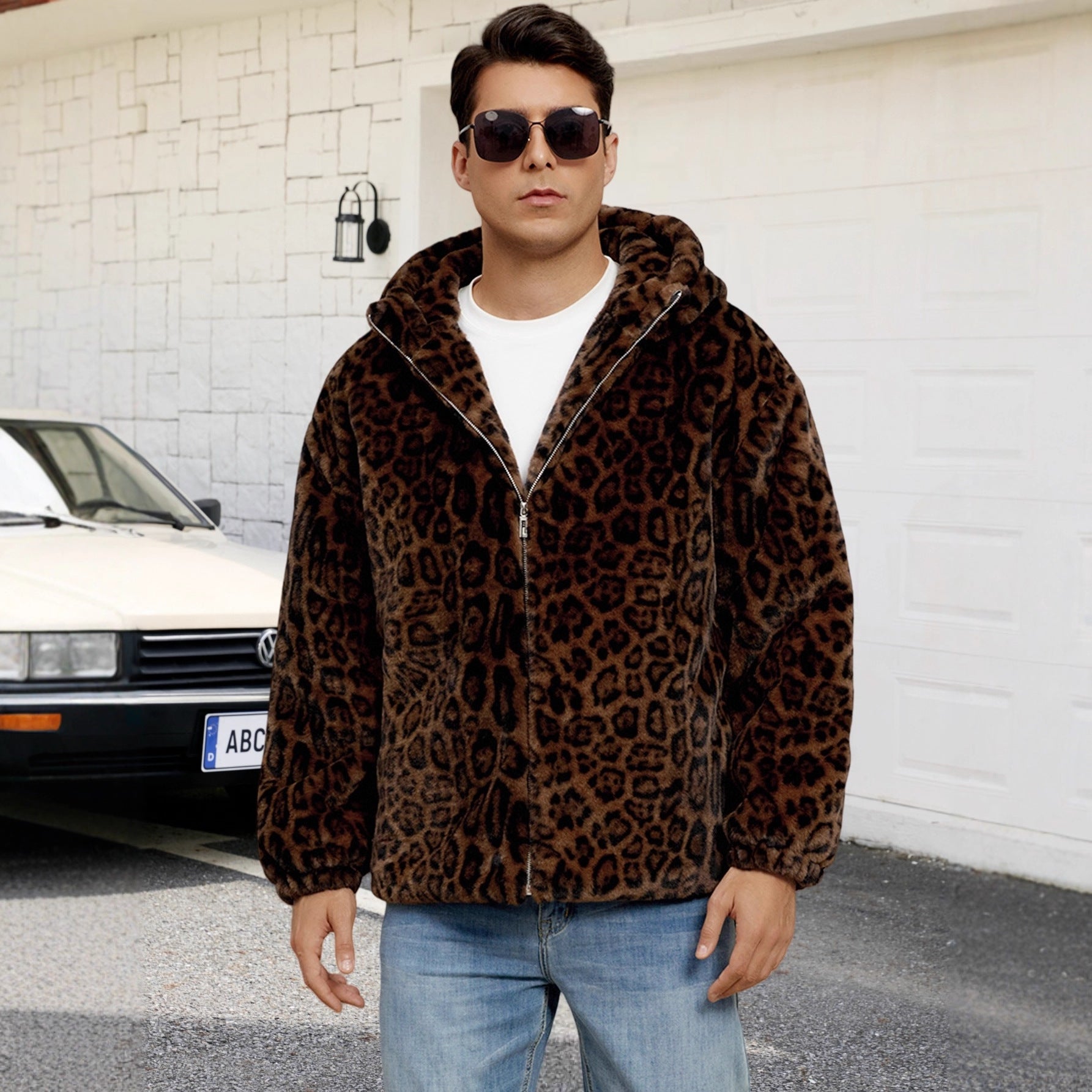 Herren Flauschige Kunstpelzjacke mit modischem Leopardenmuster