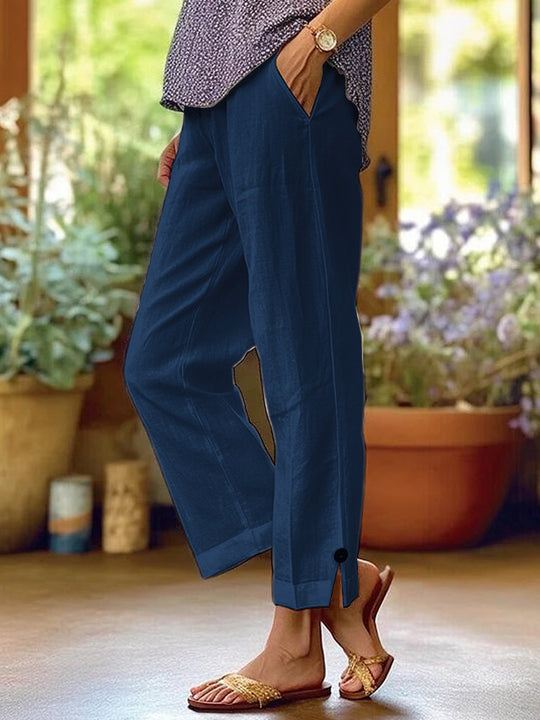 Damen Leinenhose mit lockerer, knöchellanger Passform, seitlichen Eingrifftaschen und Zierknopf-Details Shop Nory