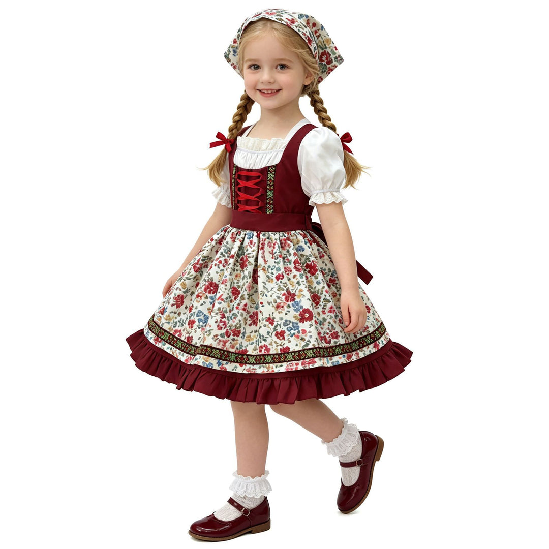 Damen nan traditionelles Kinderdirndl mit Schürze Haarband Spitzenbluse und Zierschnürung Shop Nory