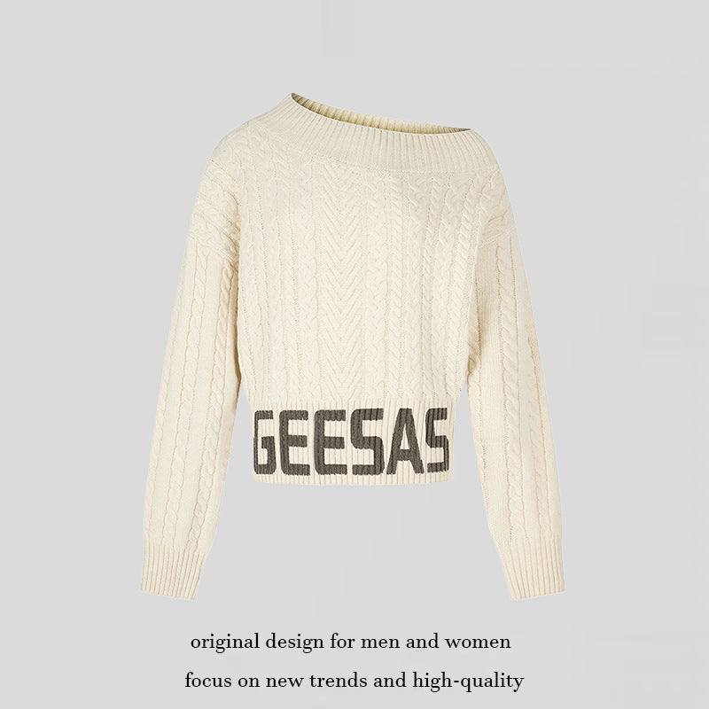 Damen Kurzer Zopfstrick-Pullover mit weitem Boat-Ausschnitt und markantem Logobund Shop Nory