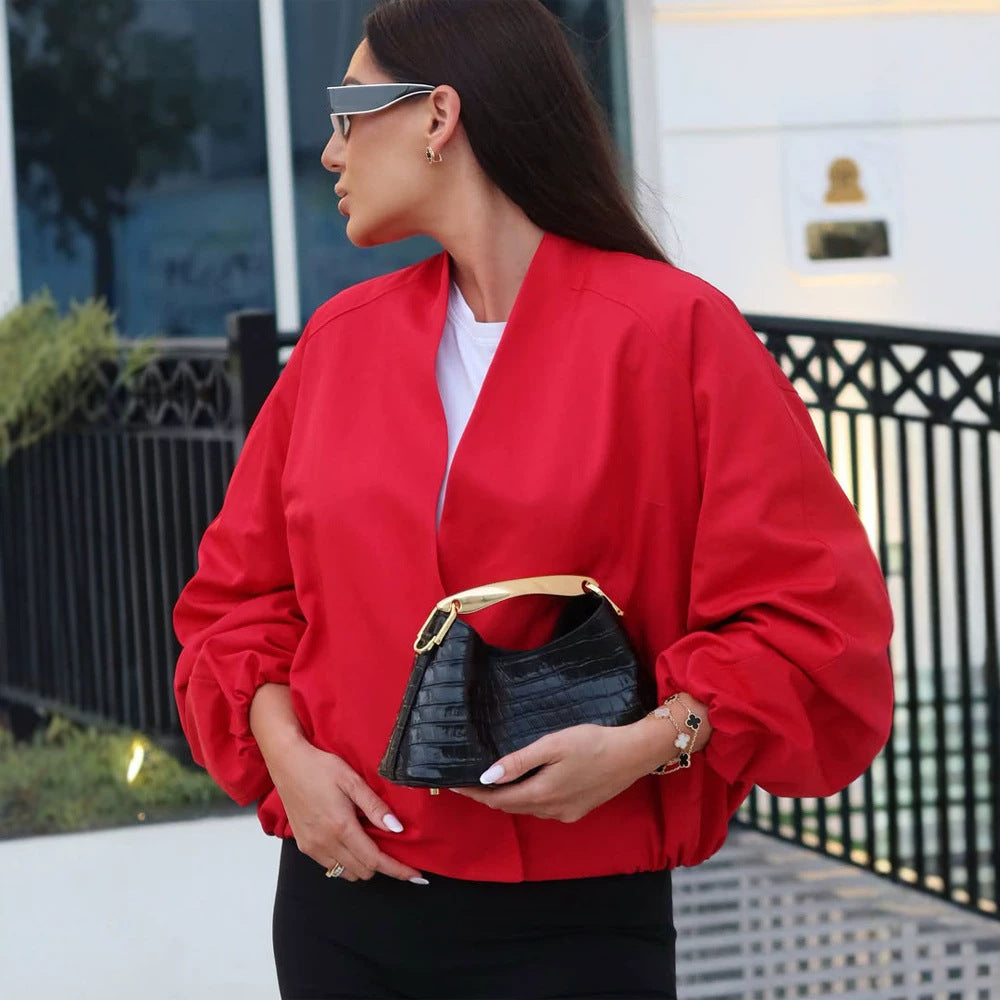 Damen kurz geschnittene Oversize-Wickeljacke mit Ballonärmeln Shop Nory