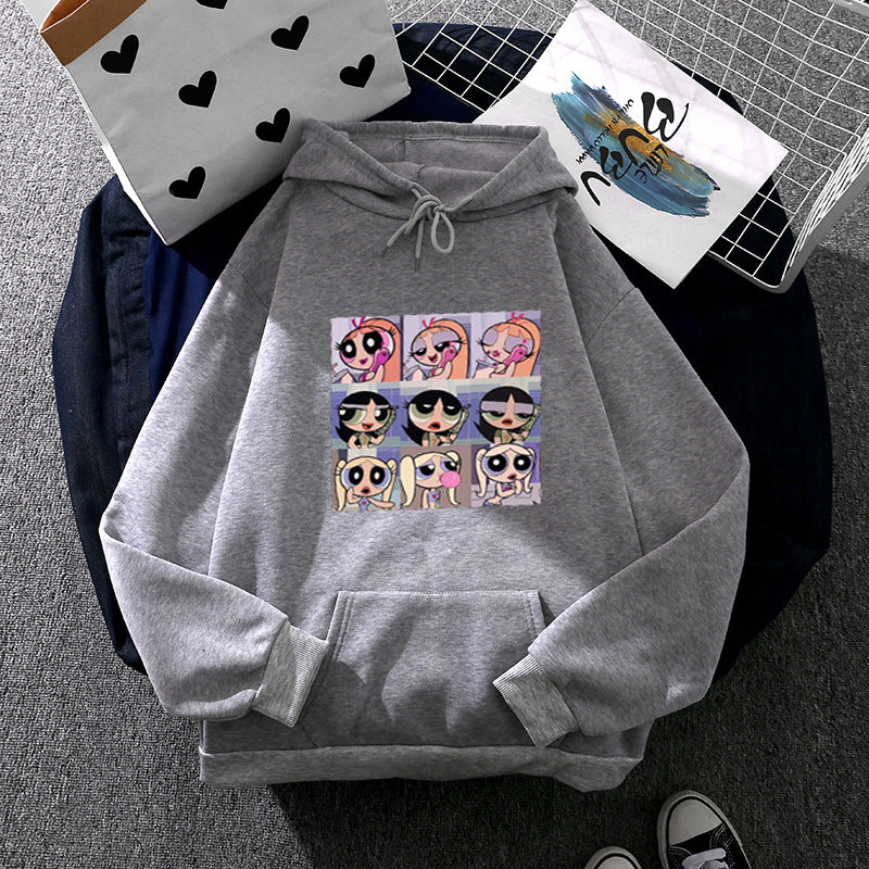 Damen nan lässiger Kapuzenpullover mit quadratischem Cartoon-Collageprint weiches Fleece Innenfutter und aufgesetzter Kängurutasche Shop Nory