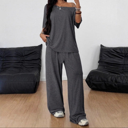 Damen Lässiges Lounge-Set aus weichem Jersey mit weiter Palazzohose und schulterfreiem Oversize-Top Shop Nory