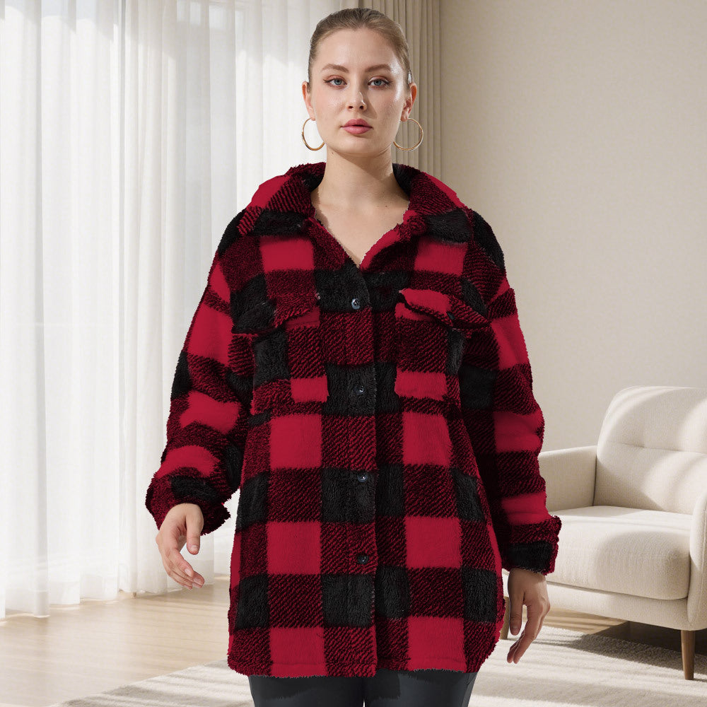 Damen Oversized Teddy-Hemdjacke mit Karomuster Shopy Nory