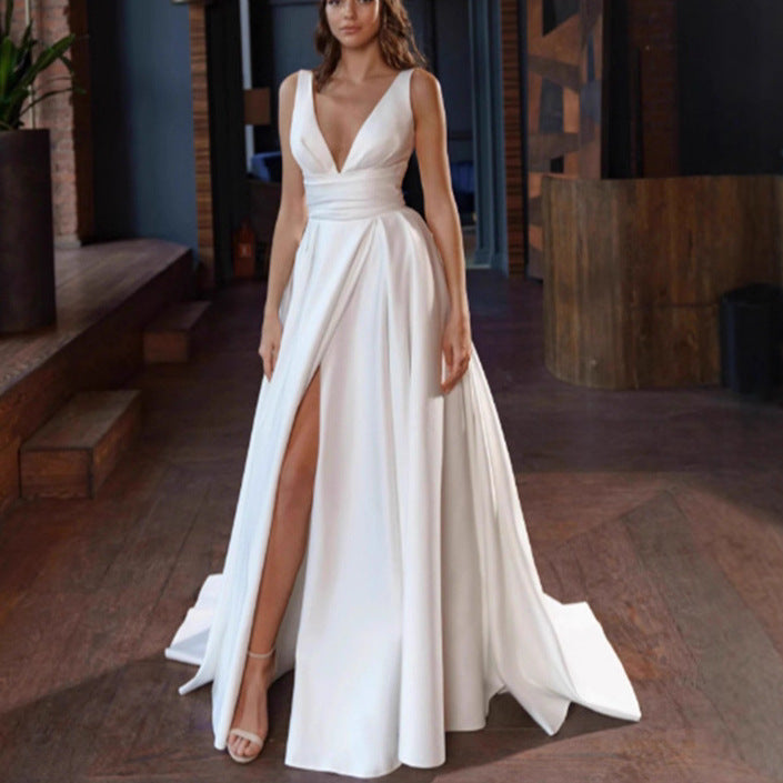 Damen elegantes Hochzeitskleid mit tiefem V-Ausschnitt und seitlichem Schlitz