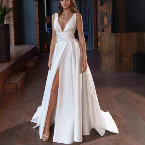 Damen elegantes Hochzeitskleid mit tiefem V-Ausschnitt und seitlichem Schlitz
