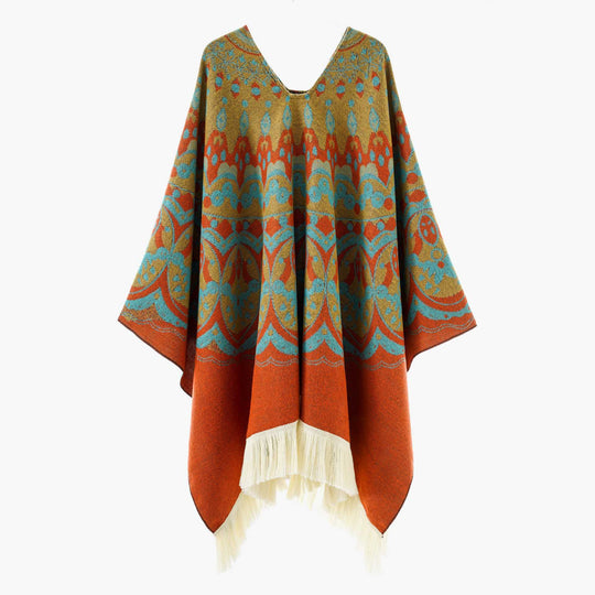 Damen Gewebter Jacquard-Poncho mit V-Ausschnitt, Ethno‑Print und Fransen Shop Nory
