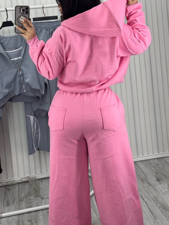 Damen Oversize Kapuzen-Sweatjacke mit Reißverschluss und weitem Trackpant-Set Shop Nory
