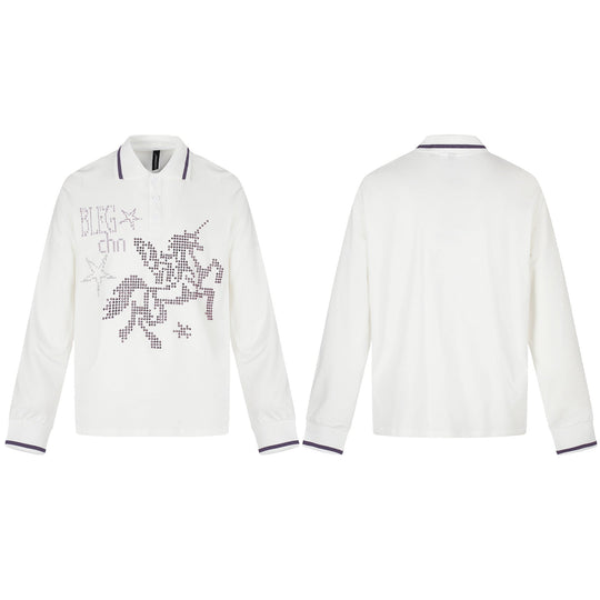 Damen Langarm-Poloshirt mit Strass-Applikation und kontrastierenden Bündchen Shop Nory
