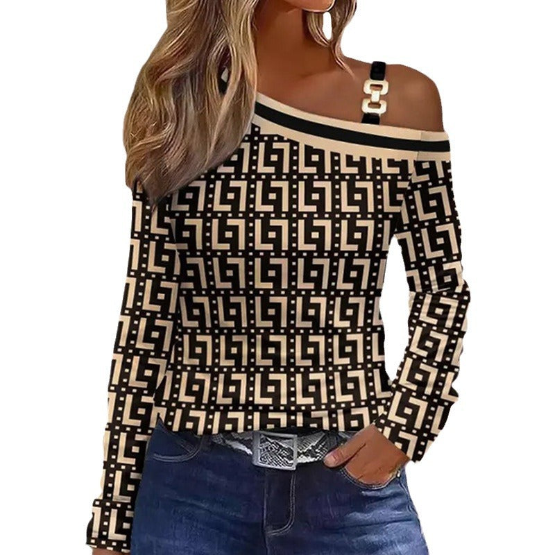 Damen Asymmetrisches Longsleeve mit One-Shoulder, Ziergurt und geometrischem Allover-Print Shop Nory