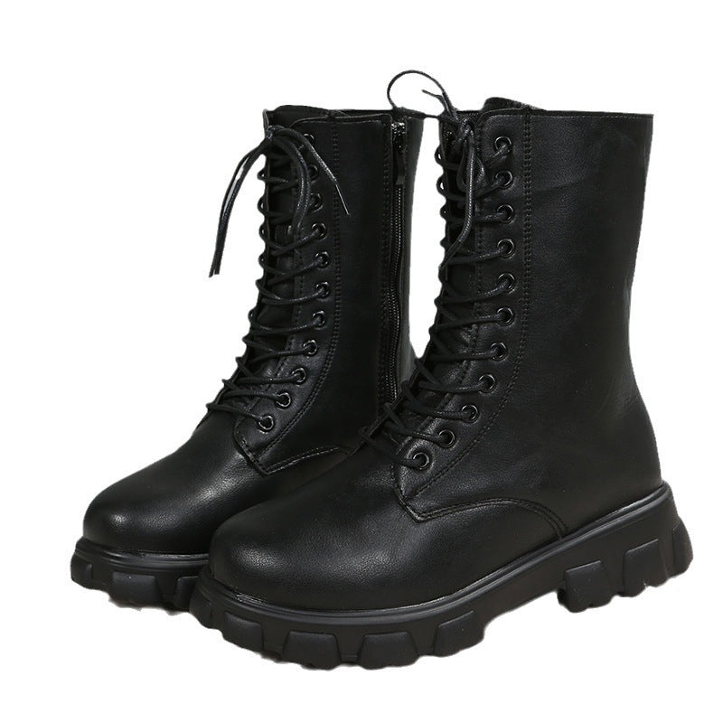 Damen Plateau-Bikerboots mit seitlichem Reißverschluss, Schnürung und markanter Profilsohle Shop Nory
