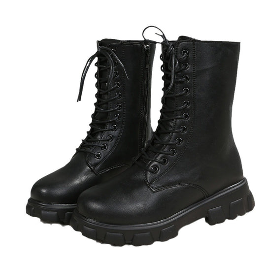 Damen Plateau-Bikerboots mit seitlichem Reißverschluss, Schnürung und markanter Profilsohle Shop Nory