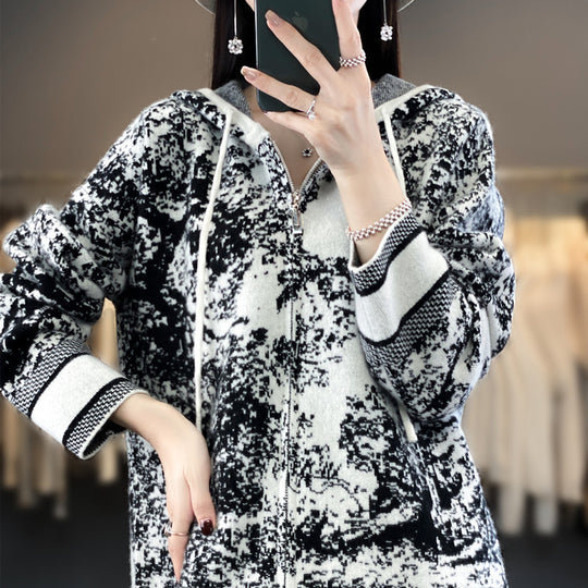 Damen Oversize Jacquard-Strickjacke mit Kapuze und Reißverschluss Shop Nory
