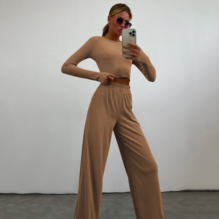 Damen geripptes Cropped-Langarmshirt mit U-Boot-Ausschnitt und High-Waist Palazzo-Hose Shop Nory