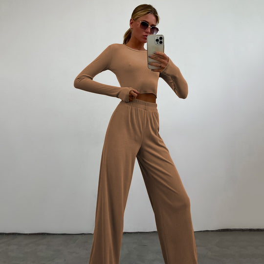 Damen geripptes Cropped-Langarmshirt mit U-Boot-Ausschnitt und High-Waist Palazzo-Hose Shop Nory