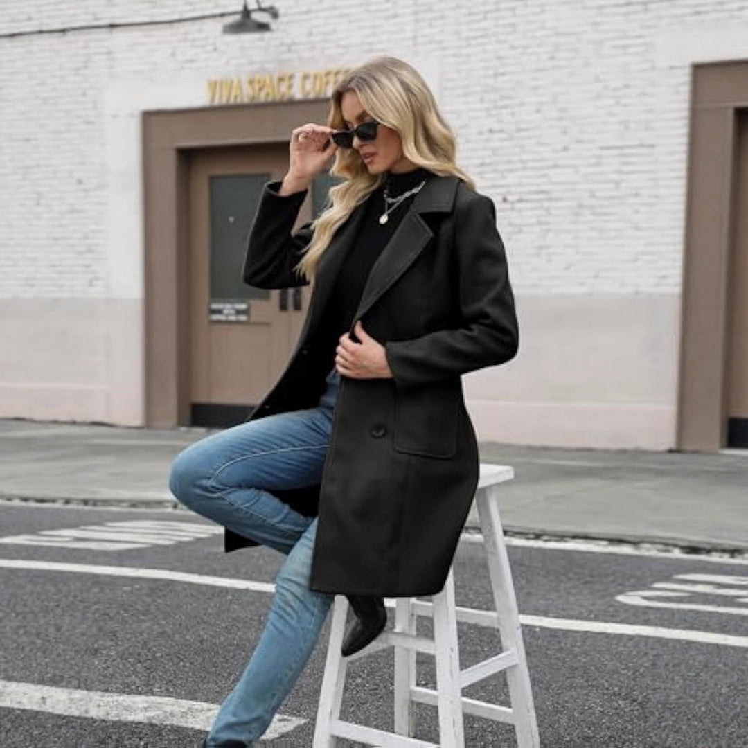 Damen Klassischer Zweireihiger Wollmix-Mantel mit taillierter Silhouette und großen Pattentaschen Shop Nory