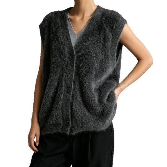 Damen Flauschige ärmellose Knopf‑Weste aus Mohairmix mit tiefem V-Ausschnitt Shop Nory