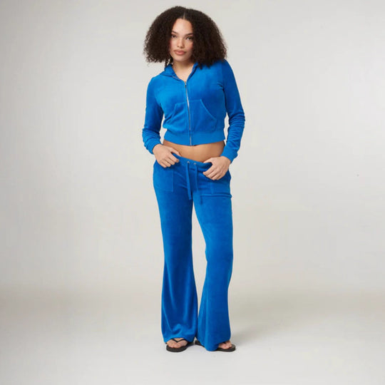 Damen Samtvelours Cropped-Zipjacke mit Kängurutasche und hochgeschnittener Bündchenhose Shop Nory