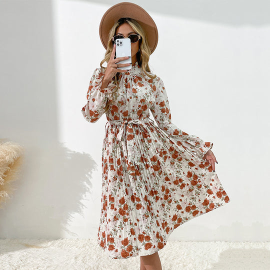 Damen Plissiertes Midikleid mit Rüschenkragen, Bindegürtel und floralem Allover-Print Shop Nory