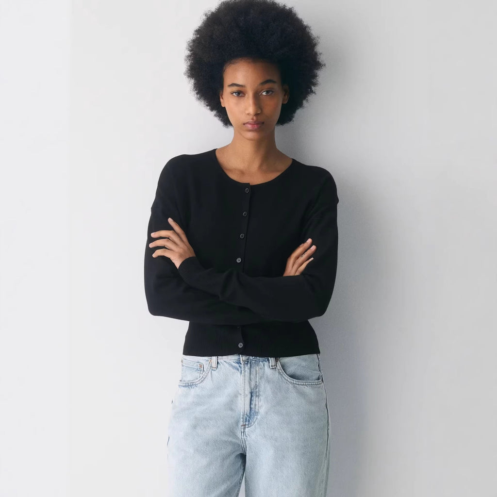Damen Cropped Strickjacke mit Knopfleiste und Rippstrick