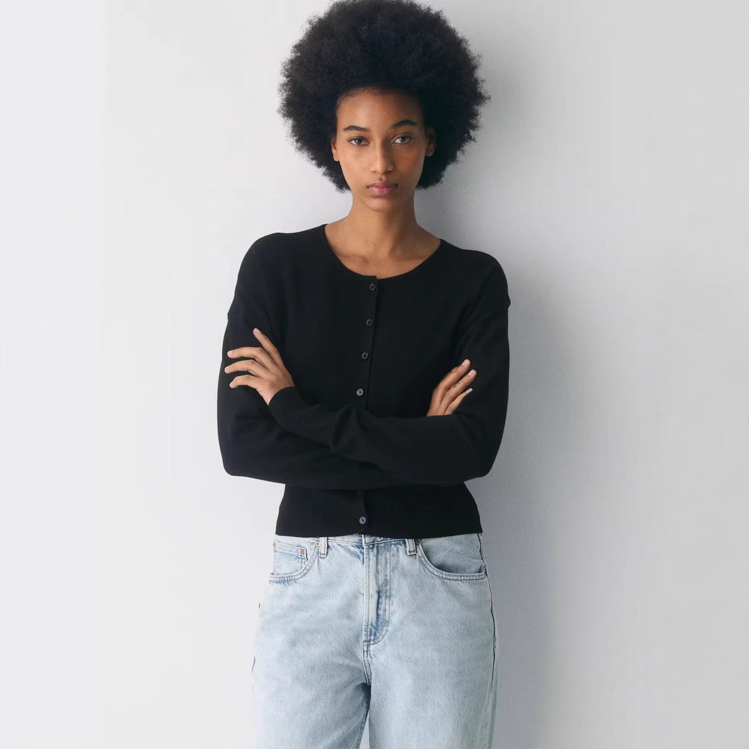 Damen Cropped Strickjacke mit Knopfleiste und Rippstrick