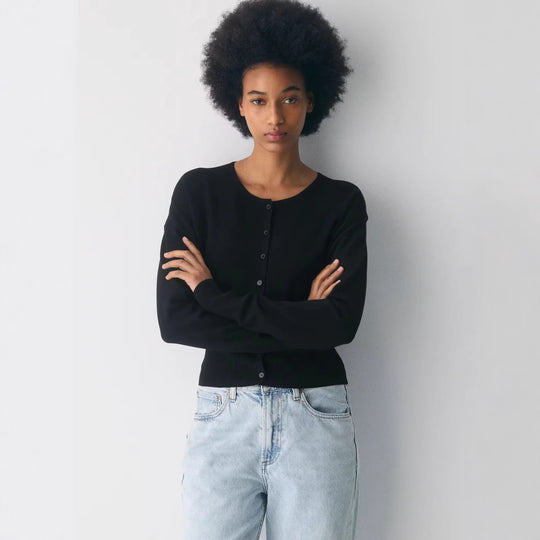 Damen Cropped Strickjacke mit Knopfleiste und Rippstrick