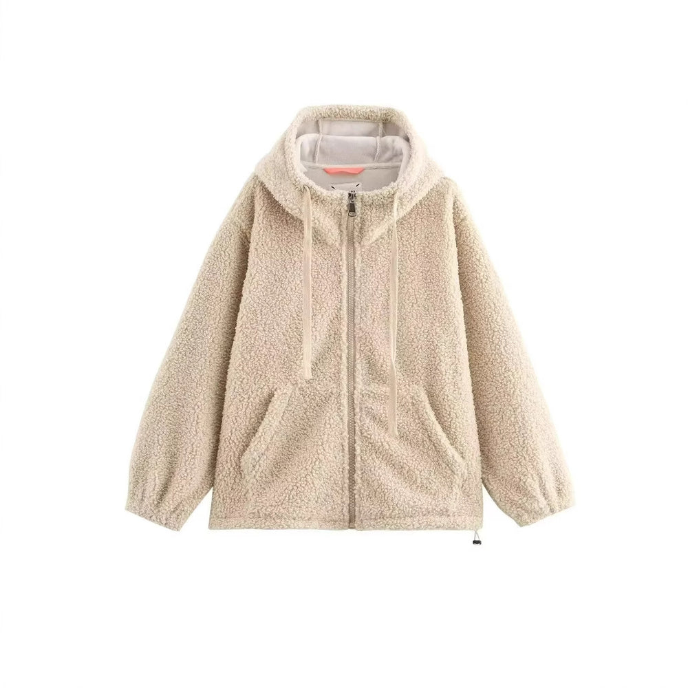 Damen Teddy-Fleece-Kapuzenjacke mit durchgehendem Reißverschluss und Kängurutaschen Shop Nory