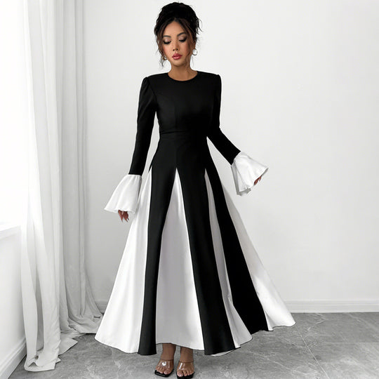Damen Abendkleid mit tailliertem Corsagen-Oberteil, langen Ärmeln und kontrastierenden Volantmanschetten Shop Nory