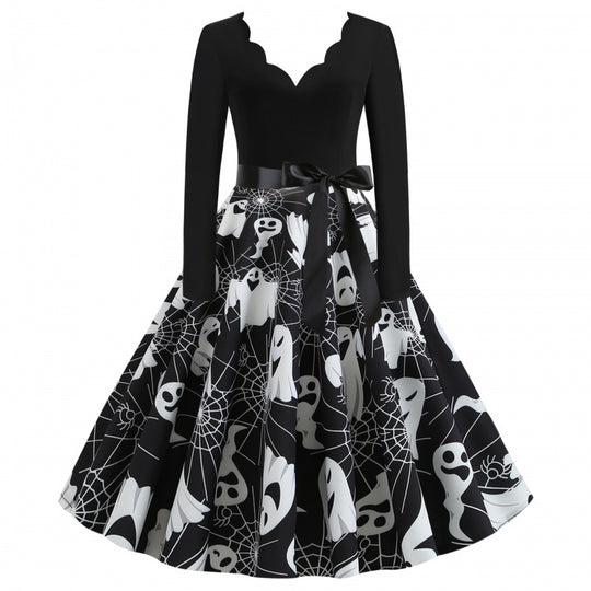Damen Swingkleid mit wellenförmigem Ausschnitt, langärmligem Oberteil und Geister-Print mit Taillenschleife Shop Nory