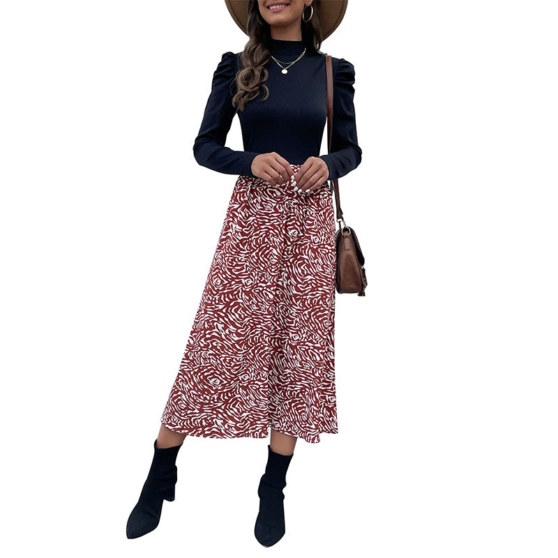 Damen A-Linien-Midirock mit hohem Bund, fließender Silhouette und abstraktem Print Shop Nory
