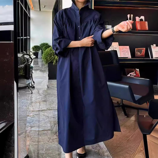 Damen Maxikleid im Oversize-Hemdstil mit Stehkragen, Schulterpasse und Eingrifftaschen Shop Nory