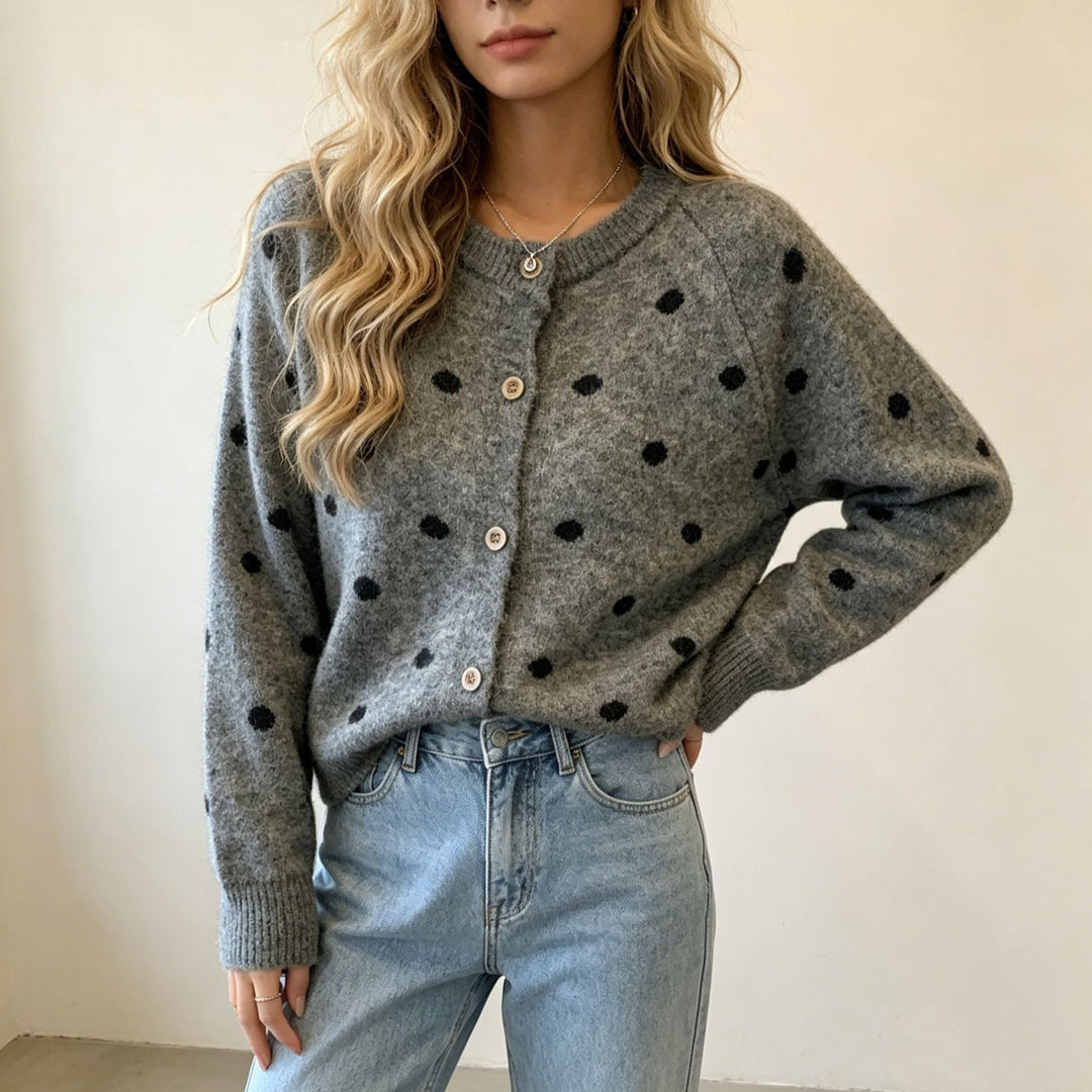 Damen Gepunkteter Mohair‑Optik Button‑Cardigan mit Rundhalsausschnitt Shop Nory